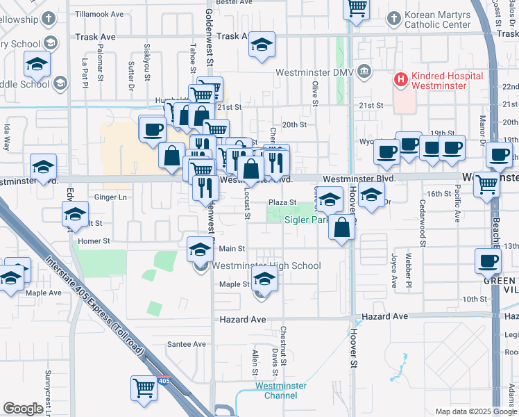 map of restaurants, bars, coffee shops, grocery stores, and more near 14113 Church Street in Westminster