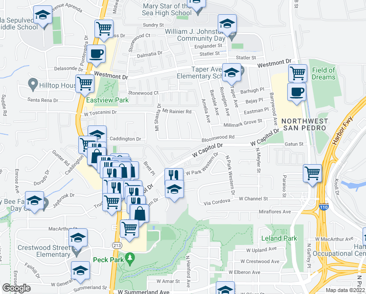 map of restaurants, bars, coffee shops, grocery stores, and more near 1150 West Capitol Drive in Los Angeles
