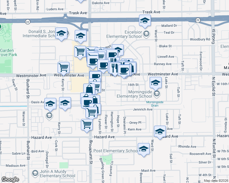 map of restaurants, bars, coffee shops, grocery stores, and more near 14131 Grand Meadows in Garden Grove