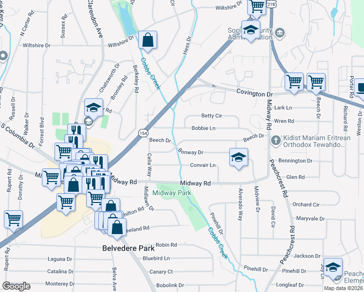 map of restaurants, bars, coffee shops, grocery stores, and more near 3177 Beech Drive in Decatur