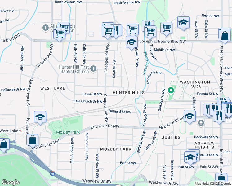 map of restaurants, bars, coffee shops, grocery stores, and more near 1351 Eason Street Northwest in Atlanta