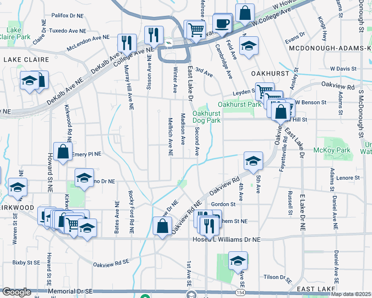map of restaurants, bars, coffee shops, grocery stores, and more near 248 Madison Avenue in Decatur