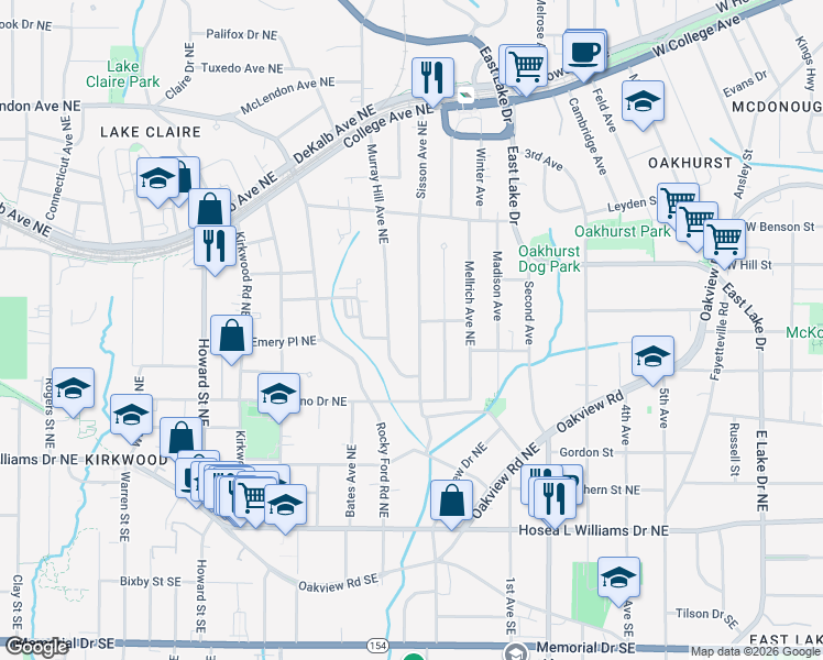 map of restaurants, bars, coffee shops, grocery stores, and more near 180 Sisson Ave NE in Atlanta