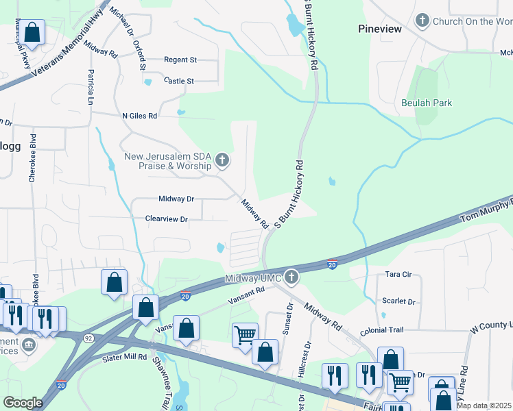 map of restaurants, bars, coffee shops, grocery stores, and more near 4130 Midway Road in Douglasville