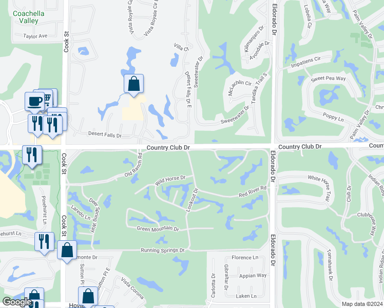 map of restaurants, bars, coffee shops, grocery stores, and more near 301 Bouquet Canyon Drive in Palm Desert