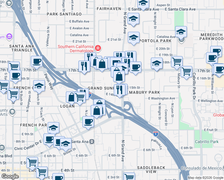 map of restaurants, bars, coffee shops, grocery stores, and more near 1236 East 15th Street in Santa Ana