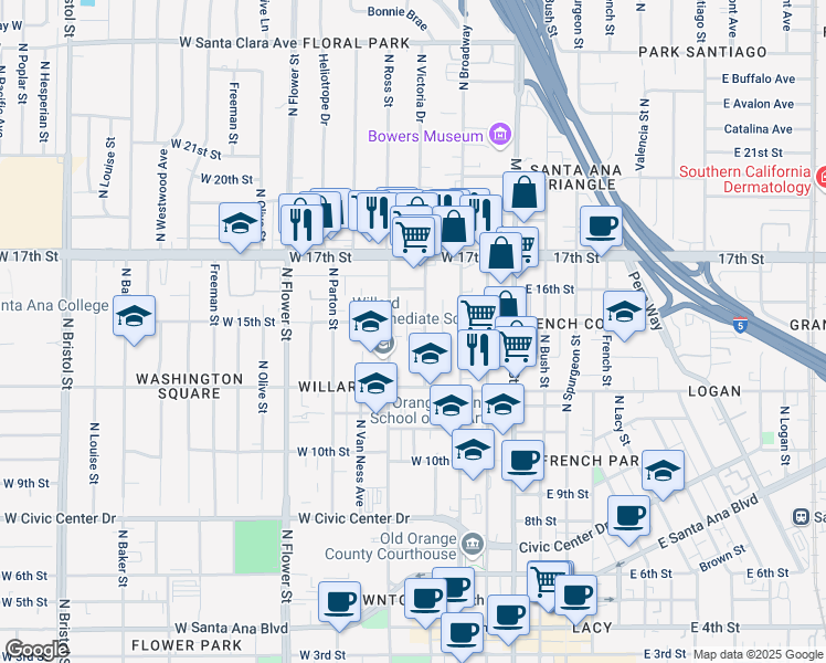 map of restaurants, bars, coffee shops, grocery stores, and more near 1418 North Durant Street in Santa Ana