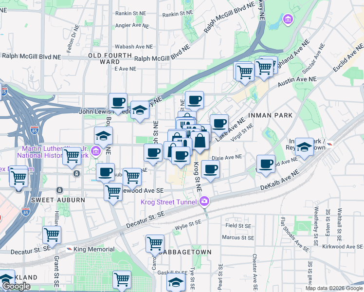 map of restaurants, bars, coffee shops, grocery stores, and more near Irwin St NE & Sampson St NE in Atlanta