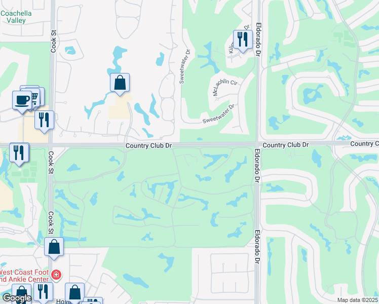 map of restaurants, bars, coffee shops, grocery stores, and more near 321 Bouquet Canyon Drive in Palm Desert