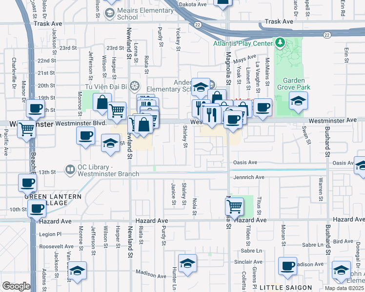 map of restaurants, bars, coffee shops, grocery stores, and more near 14131 Shirley Street in Westminster