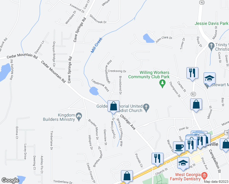 map of restaurants, bars, coffee shops, grocery stores, and more near 8138 Willowbank Way in Douglasville