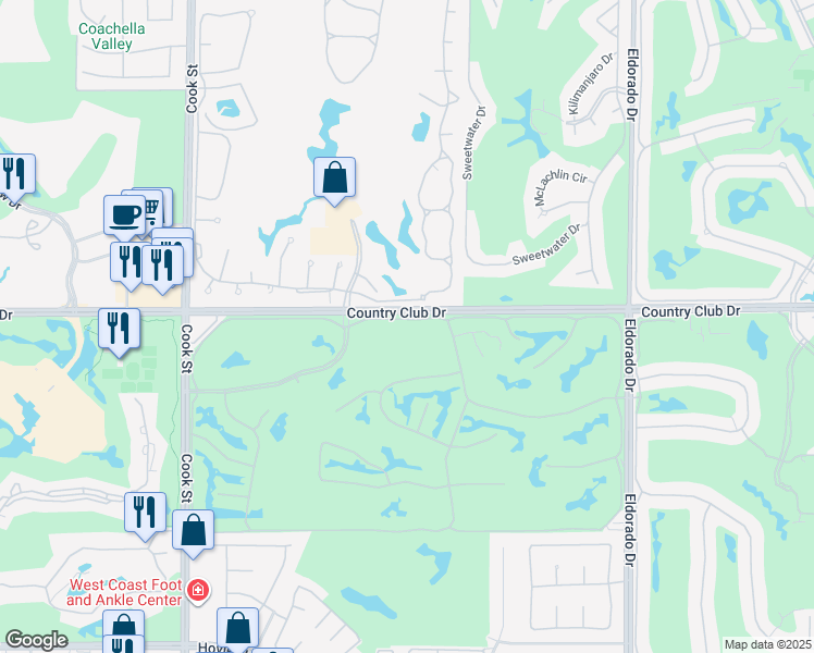 map of restaurants, bars, coffee shops, grocery stores, and more near 241 Bouquet Canyon Drive in Palm Desert