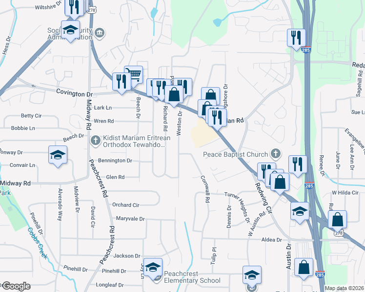 map of restaurants, bars, coffee shops, grocery stores, and more near 1242 Cornwall Road in Decatur