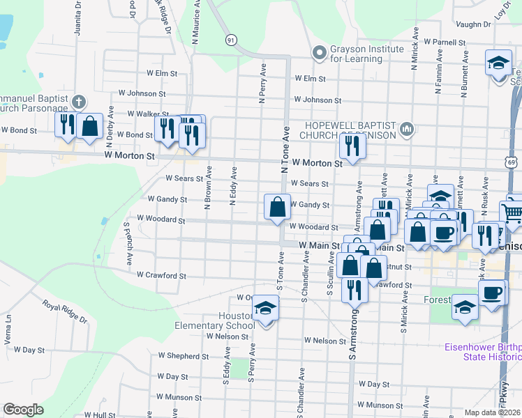 map of restaurants, bars, coffee shops, grocery stores, and more near 1130 West Gandy Street in Denison