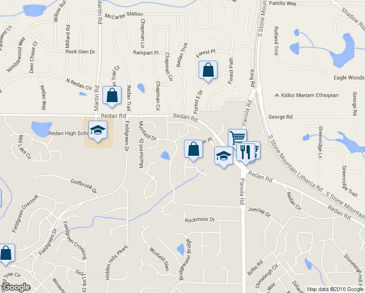 map of restaurants, bars, coffee shops, grocery stores, and more near 1268 Muirfield Drive in Stone Mountain