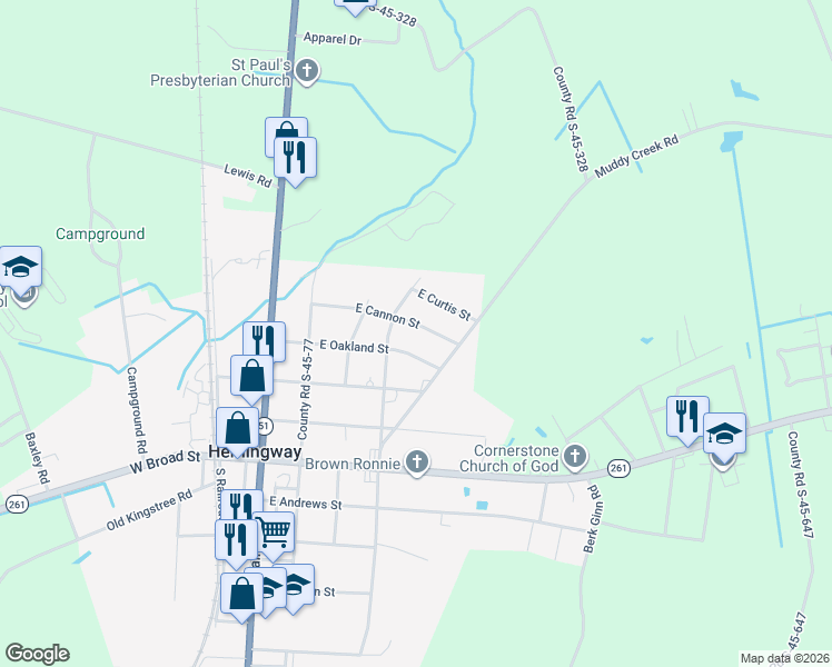 map of restaurants, bars, coffee shops, grocery stores, and more near 405 East Cannon Street in Hemingway