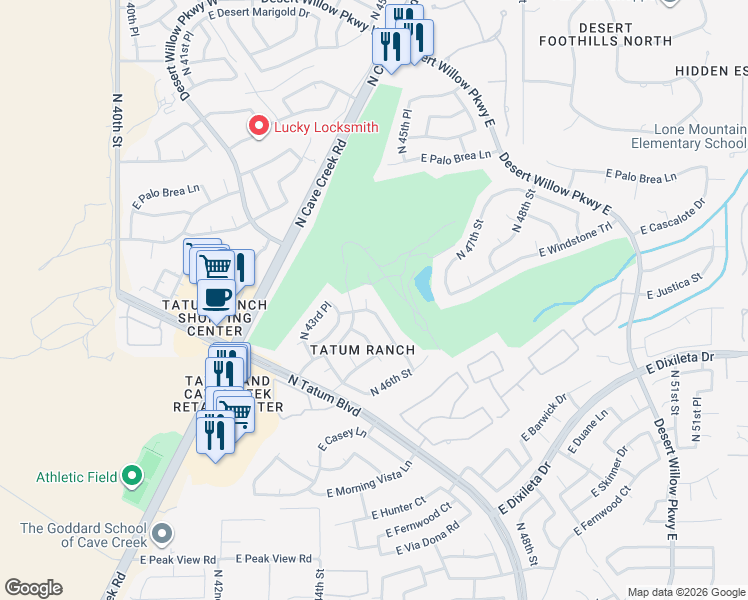 map of restaurants, bars, coffee shops, grocery stores, and more near 4426 East Barwick Drive in Cave Creek