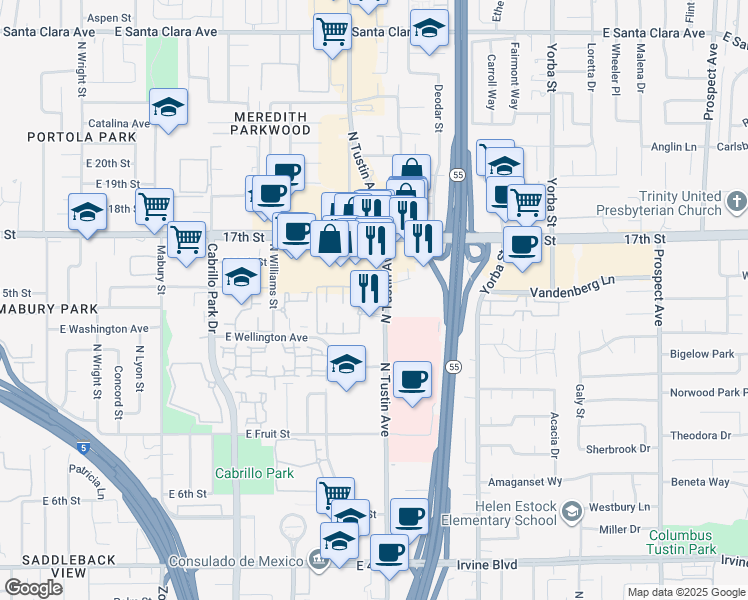 map of restaurants, bars, coffee shops, grocery stores, and more near 1450 North Tustin Avenue in Santa Ana