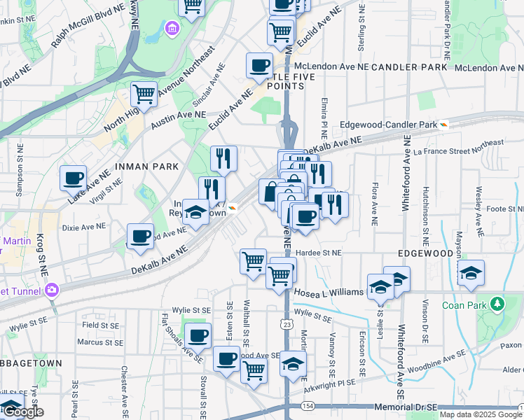 map of restaurants, bars, coffee shops, grocery stores, and more near 141 Holiday Avenue Northeast in Atlanta