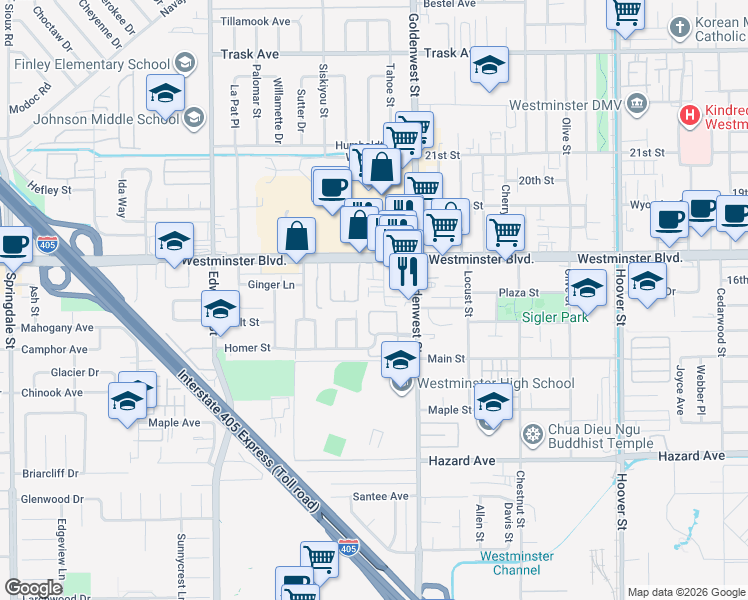 map of restaurants, bars, coffee shops, grocery stores, and more near 30 Sunset Circle in Westminster