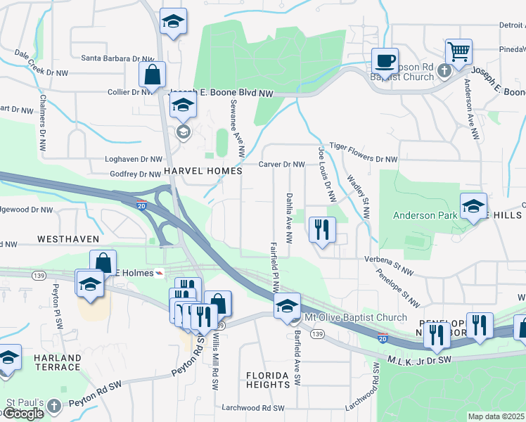 map of restaurants, bars, coffee shops, grocery stores, and more near 132 Fairfield Place Northwest in Atlanta