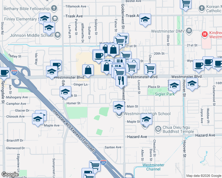 map of restaurants, bars, coffee shops, grocery stores, and more near 14101 Rondeau Street in Westminster