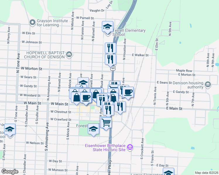 map of restaurants, bars, coffee shops, grocery stores, and more near 187 West Gandy Street in Denison