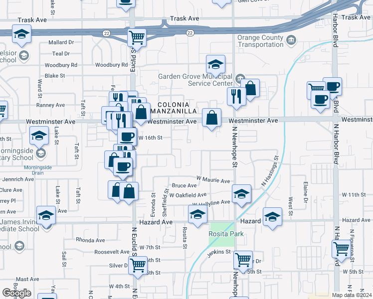 map of restaurants, bars, coffee shops, grocery stores, and more near 1414 Fawn Street in Santa Ana