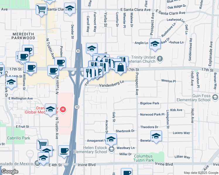 map of restaurants, bars, coffee shops, grocery stores, and more near 17535 Via Lindo in Tustin