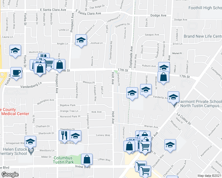 map of restaurants, bars, coffee shops, grocery stores, and more near 18251 Vanderlip Place in Tustin