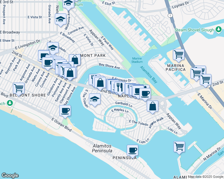 map of restaurants, bars, coffee shops, grocery stores, and more near 5607 2nd Street in Long Beach
