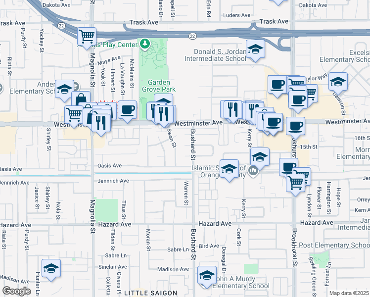 map of restaurants, bars, coffee shops, grocery stores, and more near 9432 Mirage Avenue in Westminster