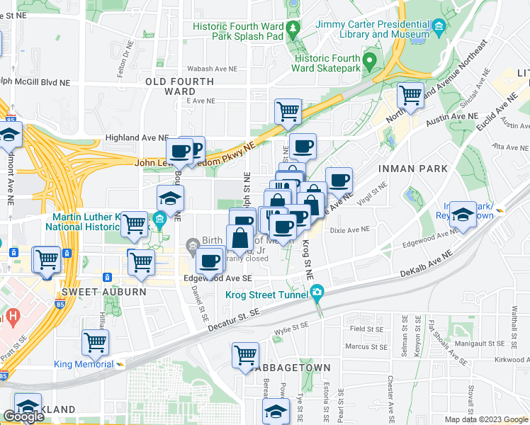 map of restaurants, bars, coffee shops, grocery stores, and more near 623 Irwin Street Northeast in Atlanta
