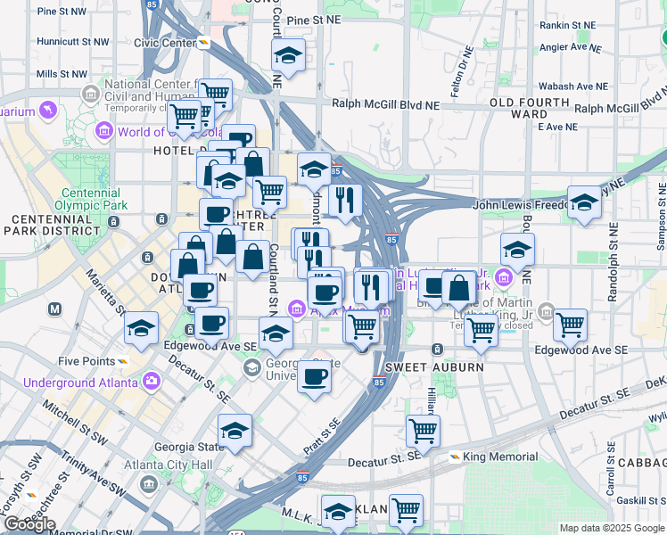 map of restaurants, bars, coffee shops, grocery stores, and more near 141 Piedmont Avenue Northeast in Atlanta