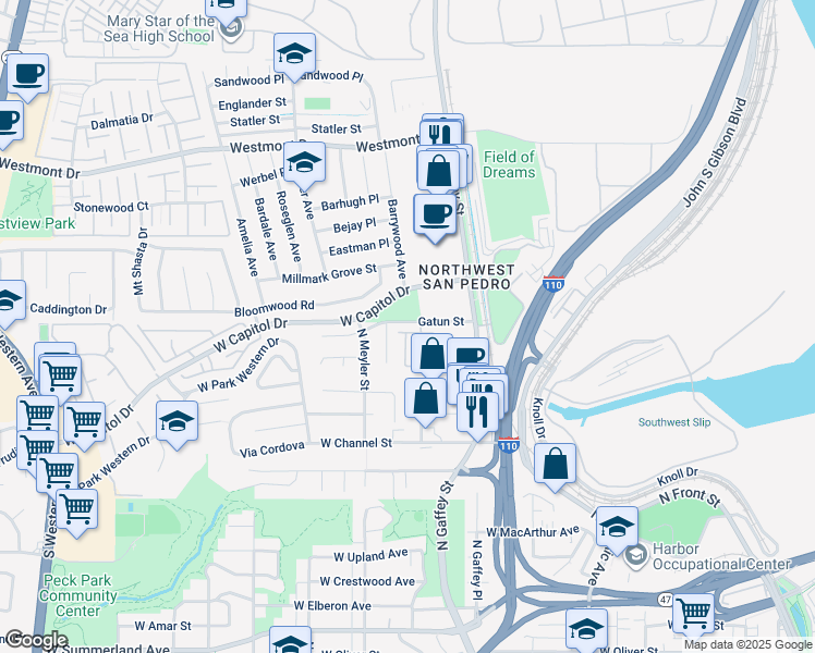 map of restaurants, bars, coffee shops, grocery stores, and more near 783 Gatun Street in Los Angeles
