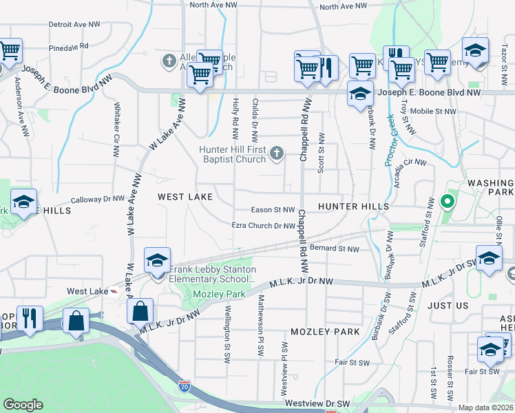 map of restaurants, bars, coffee shops, grocery stores, and more near 1477 Eason Street Northwest in Atlanta