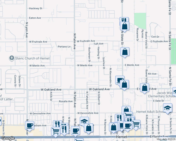 map of restaurants, bars, coffee shops, grocery stores, and more near 684 El Dorado Lane in Hemet