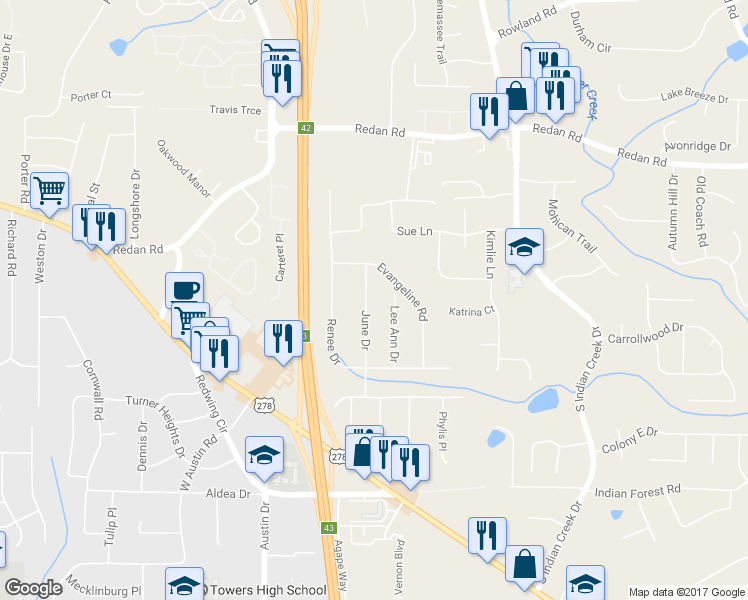 map of restaurants, bars, coffee shops, grocery stores, and more near 1240 June Drive in Decatur