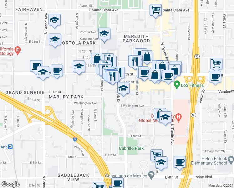 map of restaurants, bars, coffee shops, grocery stores, and more near 1800 17th Street in Santa Ana