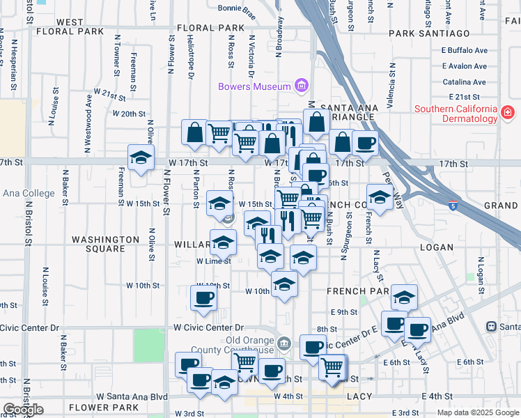 map of restaurants, bars, coffee shops, grocery stores, and more near 1424 North Broadway in Santa Ana