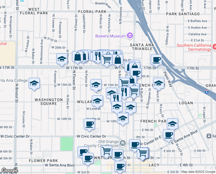 map of restaurants, bars, coffee shops, grocery stores, and more near 1418 North Durant Street in Santa Ana