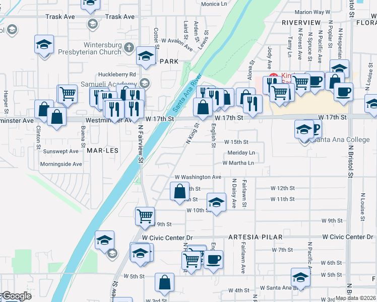 map of restaurants, bars, coffee shops, grocery stores, and more near 2033 Meriday Lane in Santa Ana