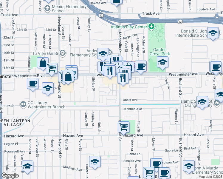 map of restaurants, bars, coffee shops, grocery stores, and more near 14081 Magnolia Street in Westminster