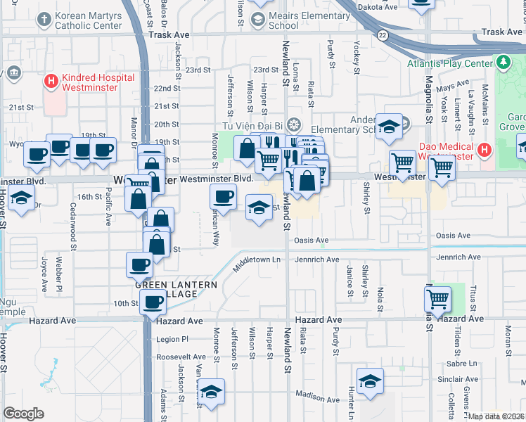 map of restaurants, bars, coffee shops, grocery stores, and more near 8401 15th Street in Westminster