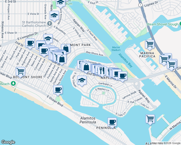 map of restaurants, bars, coffee shops, grocery stores, and more near 5511 2nd Street in Long Beach
