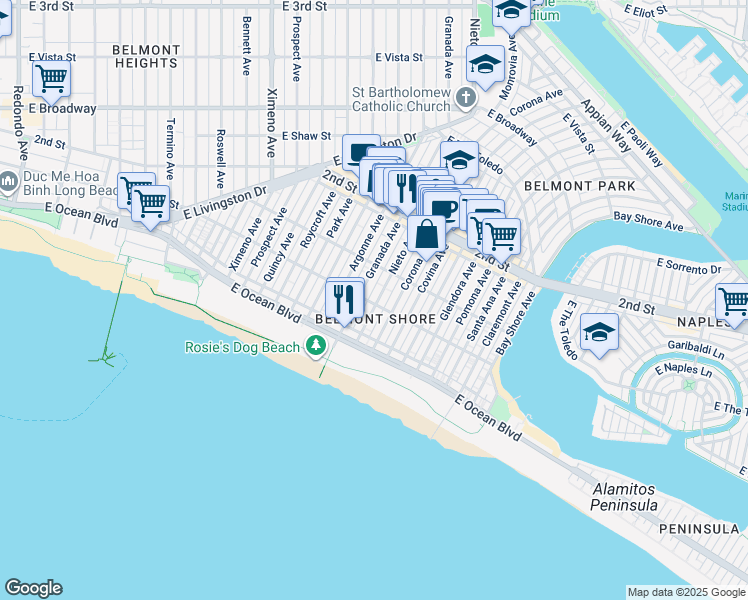 map of restaurants, bars, coffee shops, grocery stores, and more near in Long Beach