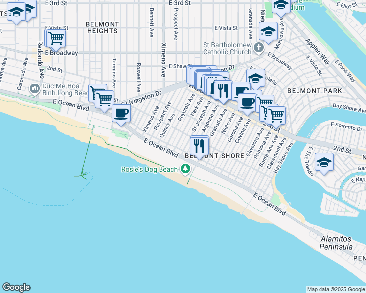 map of restaurants, bars, coffee shops, grocery stores, and more near 25 Saint Joseph Avenue in Long Beach
