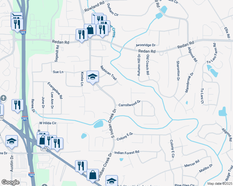 map of restaurants, bars, coffee shops, grocery stores, and more near 1346 South Indian Creek Drive in Stone Mountain
