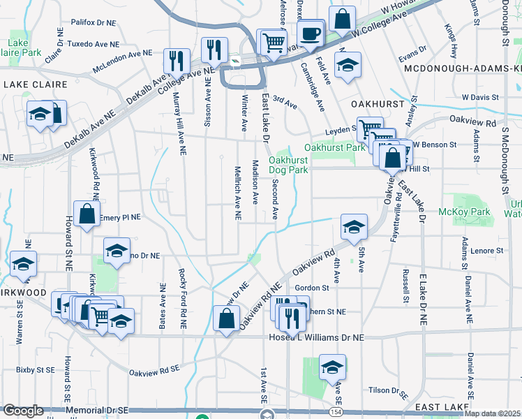 map of restaurants, bars, coffee shops, grocery stores, and more near 248 Madison Avenue in Decatur