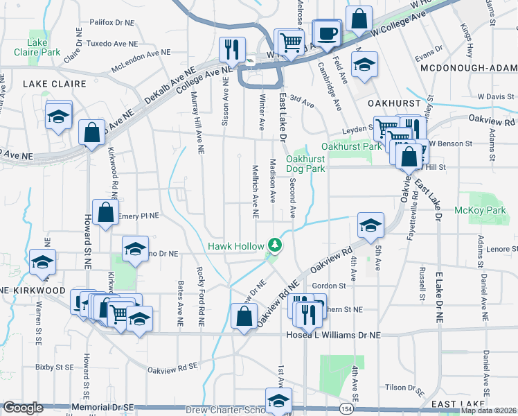 map of restaurants, bars, coffee shops, grocery stores, and more near 253 Madison Avenue in Decatur